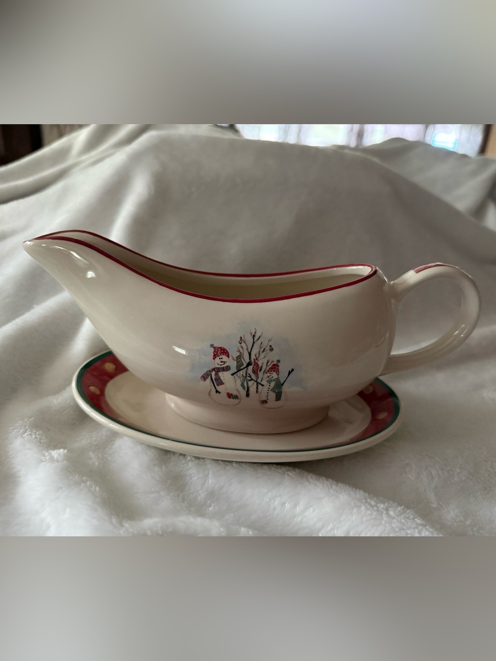 Vintage 1999 Royal Seasons Stoneware Snowman Gravy Boat & Under plate Christmas